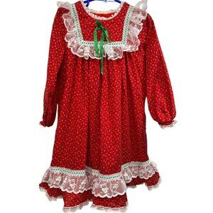 VTG 80s Bryan Red Calico Christmas Dress Lace Cottagecore Girls 6 Cotton Prairie